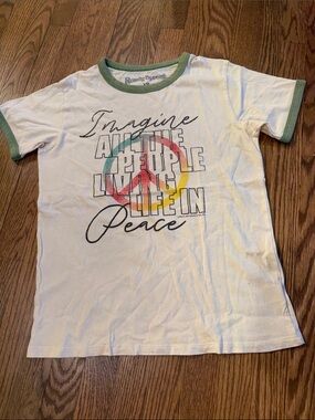 Rowdy Sprout White Ringer Tee with Multicolor Peace Graphic Size 12